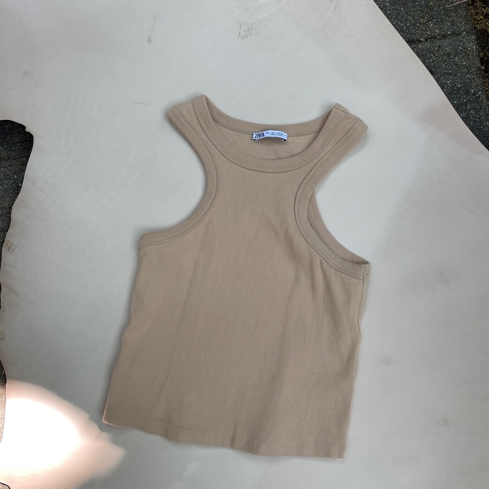 Tan Zara high neck ribbed cropped  tank L